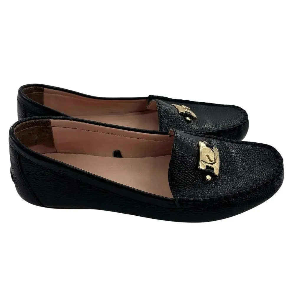 Kate Spade Black Leather Carmen Gold Tone Hardware Loafers